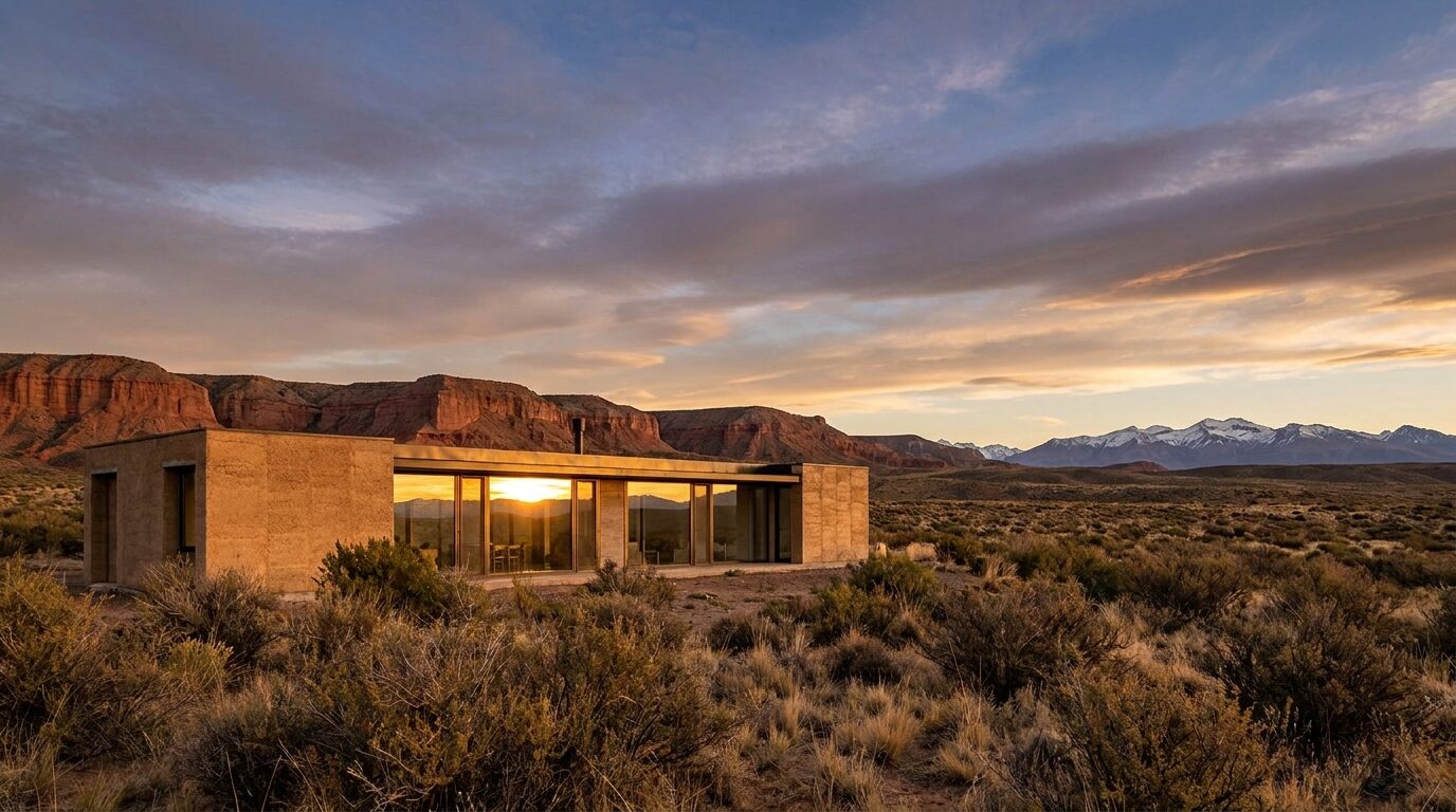 Casa de hempcrete al atardecer en la estepa neuquina